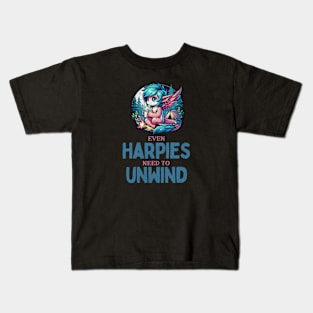 Even Harpies Need to Unwind, Camping Harpy Kids T-Shirt